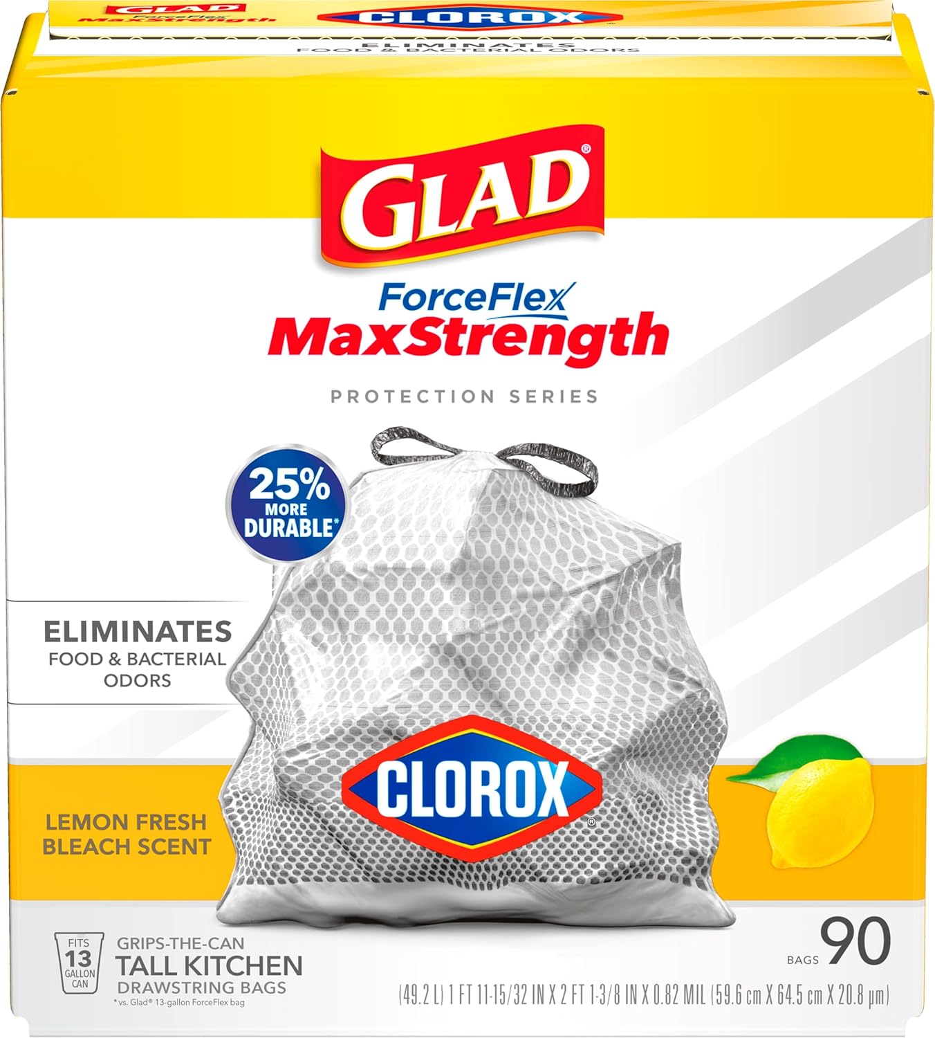  Glad ForceFlex MaxStrength With Clorox Trash Bags, 13 Gal, Lemon Fresh Bleach, 90 Ct, Pack May Vary